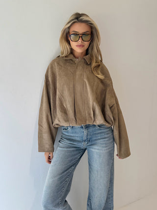 MAPLE Long Sleeved Suede Look Bomber Jacket In Biscuit
