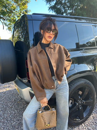 MAPLE Long Sleeved Suede Look Bomber Jacket In Chocolate