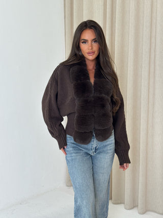 CARLA Knitted Faux Fur Long Sleeved Cardigan Jacket In Chocolate