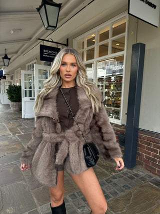 FERN Short Faux Fur Coat with Belt in Mink