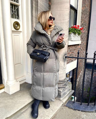 ALPINE Long Padded Tie Waist Duvet Coat In Grey