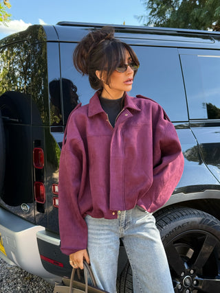 MAPLE Long Sleeved Suede Look Bomber Jacket In Plum
