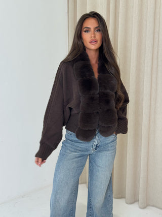 CARLA Knitted Faux Fur Long Sleeved Cardigan Jacket In Chocolate