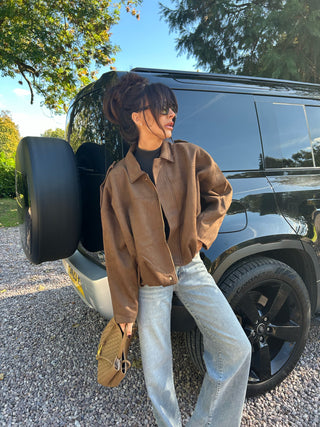 MAPLE Long Sleeved Suede Look Bomber Jacket In Chocolate