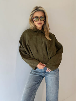 MAPLE Long Sleeved Suede Look Bomber Jacket In Khaki