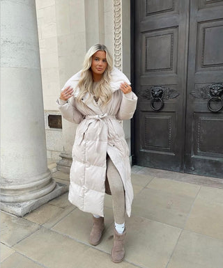 ALPINE Long Padded Tie Waist Duvet Coat In Cream