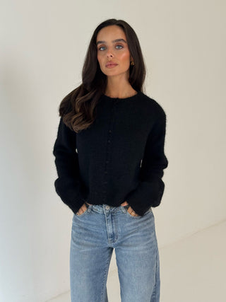 CERYS Knitted Long Sleeved Button Up Cardigan In Black