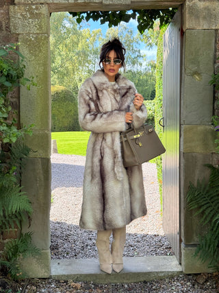 PRE ORDER SHIPE WITHIN 2 WEEKS FALLON Longline Faux Fur Coat with Belt in Marble Snow