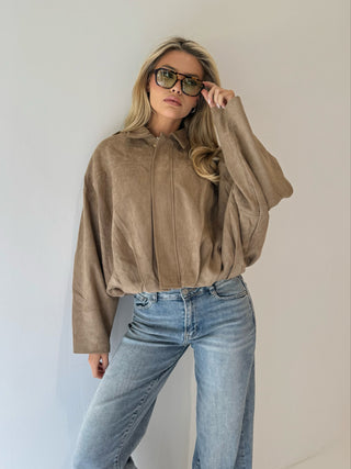 MAPLE Long Sleeved Suede Look Bomber Jacket In Biscuit