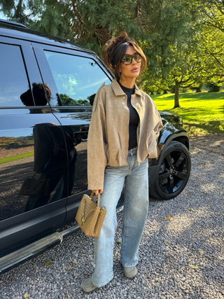 MAPLE Long Sleeved Suede Look Bomber Jacket In Biscuit