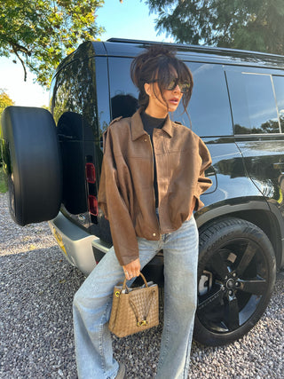 MAPLE Long Sleeved Suede Look Bomber Jacket In Chocolate