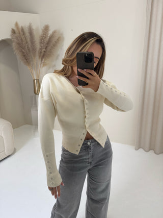 VERA Long Sleeved Knit Button Up Cardigan In Vanilla