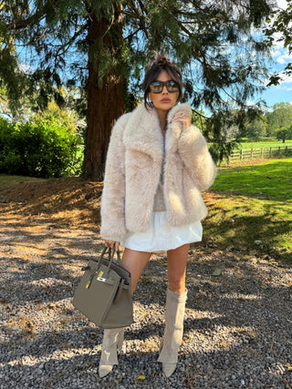 BAMBI Short Faux Fur Long Sleeved Jacket In Biscuit