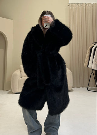 TEDDY Faux Fur Long Sleeved Tie Belt Coat In Black
