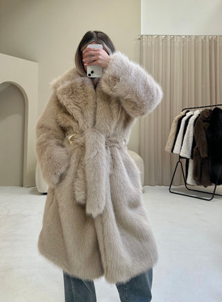 TEDDY Faux Fur Long Sleeved Tie Belt Coat In Biscuit