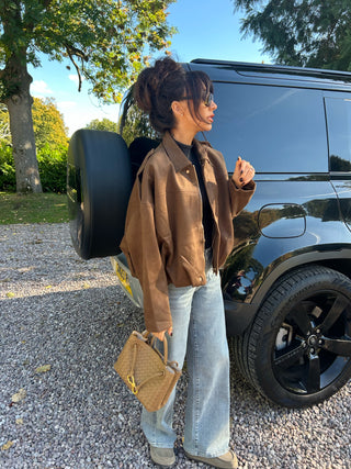 MAPLE Long Sleeved Suede Look Bomber Jacket In Chocolate