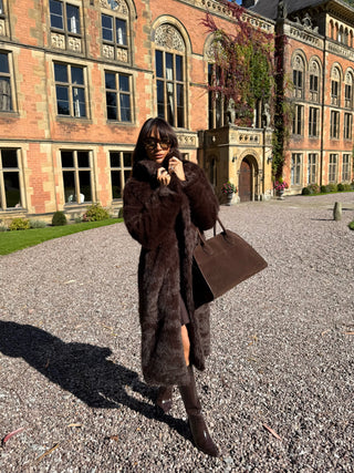 AUBREY Long Faux Fur Long Sleeved Collared Coat In Chocolate