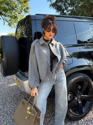 BONNIE Wool Look Long Sleeved Zip Up Bomber Jacket In Grey