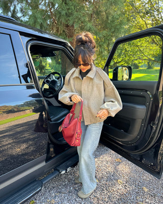 PRE ORDER SHIPS 2 WEEKS BONNIE Wool Look Long Sleeved Zip Up Bomber Jacket In Walnut