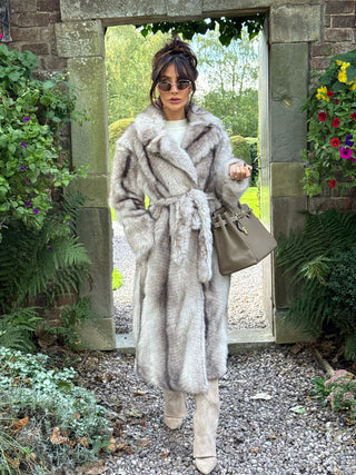 PRE ORDER SHIPE WITHIN 2 WEEKS FALLON Longline Faux Fur Coat with Belt in Marble Snow