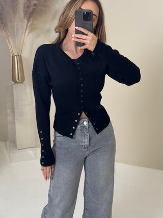 VERA Long Sleeved Knit Button Up Cardigan In Black