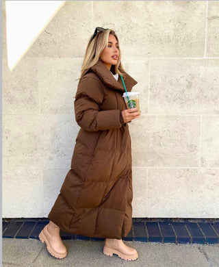 ALPINE Long Padded Tie Waist Duvet Coat In Chocolate