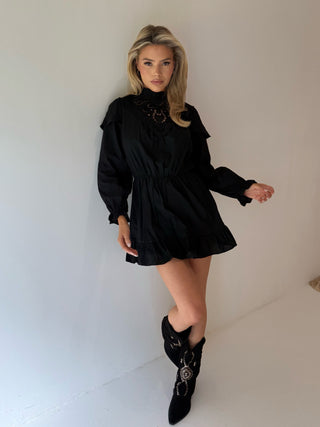 SAFFRON Long Sleeved Embroidered High Neck Mini Dress In Black