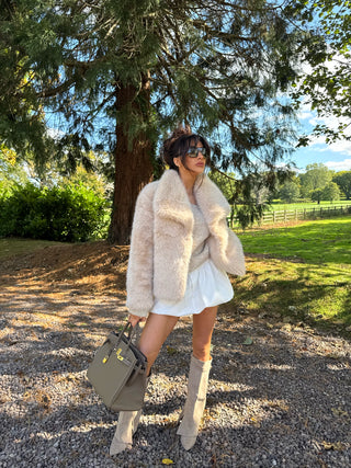 BAMBI Short Faux Fur Long Sleeved Jacket In Biscuit