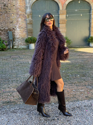 ASPEN Long Faux Mongolian Collared Coat In Chocolate Plum