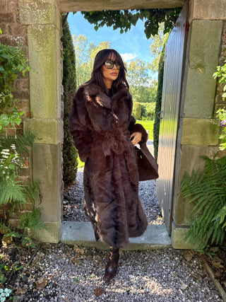 FALLON Longline Faux Fur Coat with Belt in Chocolate