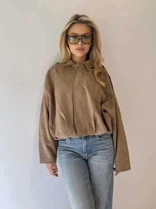 MAPLE Long Sleeved Suede Look Bomber Jacket In Biscuit