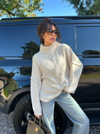 HUNTER Oversized Knitted High Neck Jumper In Vanilla