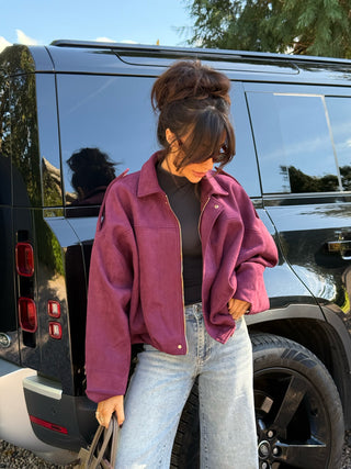 MAPLE Long Sleeved Suede Look Bomber Jacket In Plum