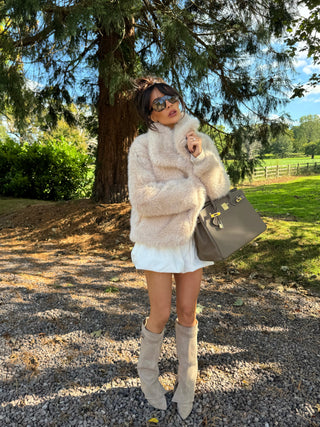 BAMBI Short Faux Fur Long Sleeved Jacket In Biscuit