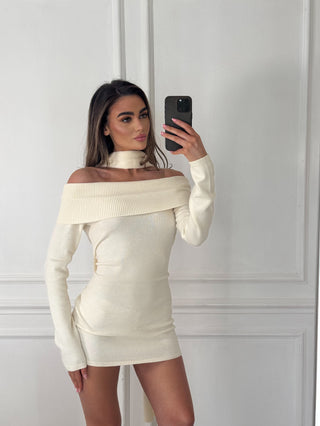 Caramella PALOMA Bardot Knit Mini Dress and Scarf set In Vanilla Cream
