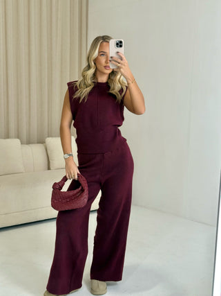 EVIE Knitted Sleeveless Top & High Waisted Wide Leg Lounge Set In Burgundy