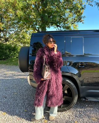 ASPEN Long Faux Mongolian Collared Coat In Burgundy