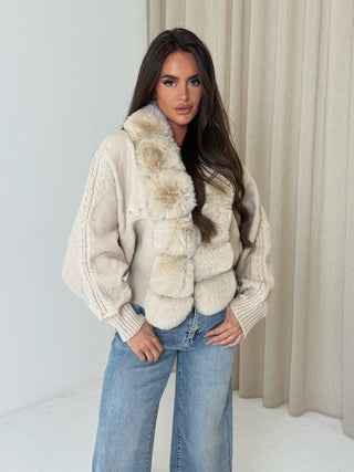 CARLA Knitted Faux Fur Long Sleeved Cardigan Jacket In Biscuit