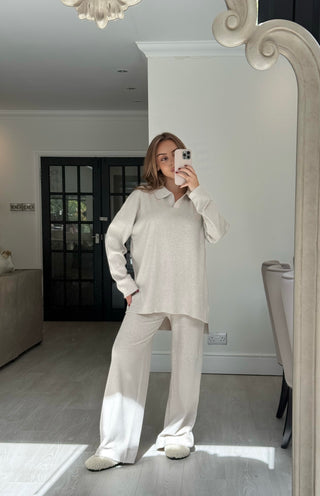 FAWN Knitted Long Sleeve Collared Jumper & Wide Leg Loungeset In Stone
