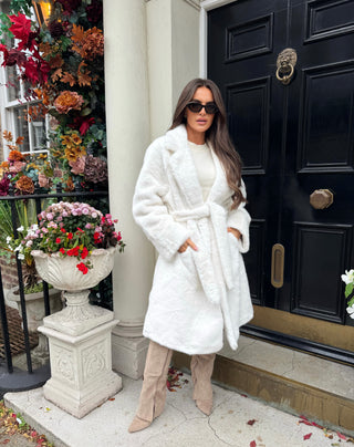 BEAR Faux Fur Long Sleeved Tie Belt Coat In White
