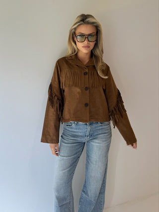 AMBER Long Sleeved Tassel Detail Suede Look Button Up Jacket In Camel