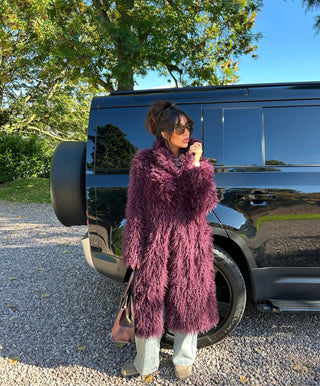 ASPEN Long Faux Mongolian Collared Coat In Burgundy