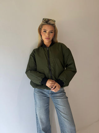 KATE Long Sleeved Reversible Leopard Bomber Jacket In Khaki