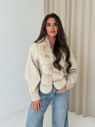 CARLA Knitted Faux Fur Long Sleeved Cardigan Jacket In Biscuit