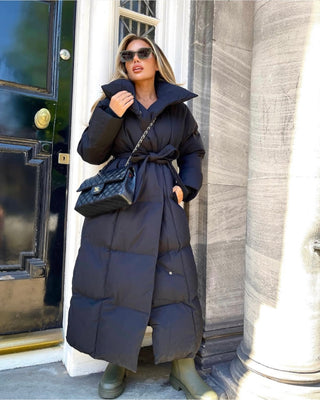 ALPINE Long Padded Tie Waist Duvet Coat In Black