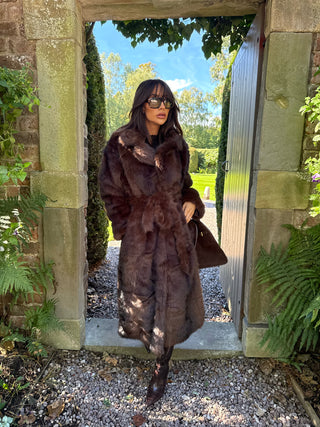 FALLON Longline Faux Fur Coat with Belt in Chocolate