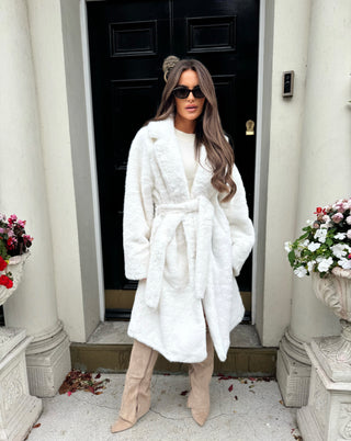 BEAR Faux Fur Long Sleeved Tie Belt Coat In White