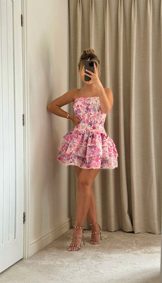 EMILIE Organza Printed Ruffle Mini Dress in Pink Print