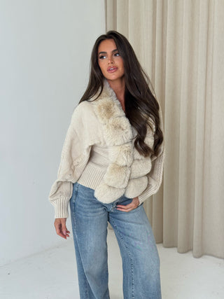 CARLA Knitted Faux Fur Long Sleeved Cardigan Jacket In Biscuit