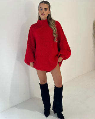 HUNTER Oversized Knitted High Neck Jumper In Red